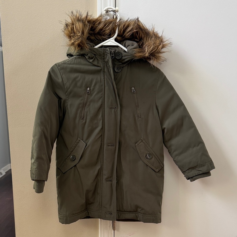 GAP Kids Forest Green Puffer Coat with Faux Fur Trim